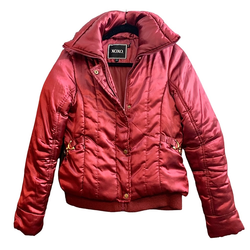 Satin puffer bomber jacket with gold hardware